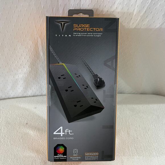 Titan 6-Outlet Surge Protector Strip Color Changing LED 1080J 4ft Braided Cord - Picture 2 of 3